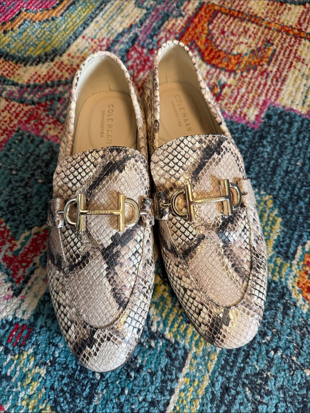 Cole Haan Beige Snake-Print Loafers with Gold Hardware